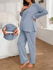 Moonlight&Mama Maternity Contrast Trim V-Neck Letter Embroidery Long Sleeve Top & Pants Lounge Set Sleepwear Pajama Set Sleepwear Women 2 Pieces Set, Fall & Winter - Blue - View 4