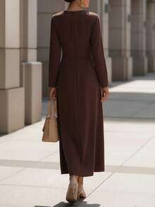 EMERY ROSE 女士优雅纯色圆领交叉系带腰部 A 字长袖连衣裙，适合休闲、通勤、度假、下午茶、圣诞派对 - 棕色 - 查看 2
