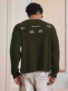 SWAVVY Jersey de cuello redondo con ajuste holgado para hombre con bordado de eslogan, otoño/invierno - Verde militar - Ver 4