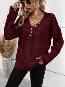 SHEIN LUNE Áo len dệt kim dáng rộng trễ vai màu trơn đơn giản, thu/đông - Màu Đỏ Sâu - Xem 5