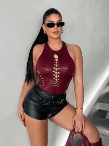 SHEIN SXY Bộ đồ liền thân khoét sâu gợi cảm dành cho nữ, màu đỏ tía, phong cách câu lạc bộ - Màu Đỏ Sâu - Xem 7