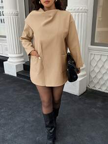 Easura Plus Size Women's Solid Color Long Sleeve Scarf Collar Pocket Design Woolen Coat, Autumn/Winter - Khaki - View 3