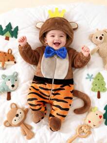 SHEIN Newborn Cute Monkey Design Plush Hooded Long Sleeve Jumpsuit, Winter - Brown - View 1