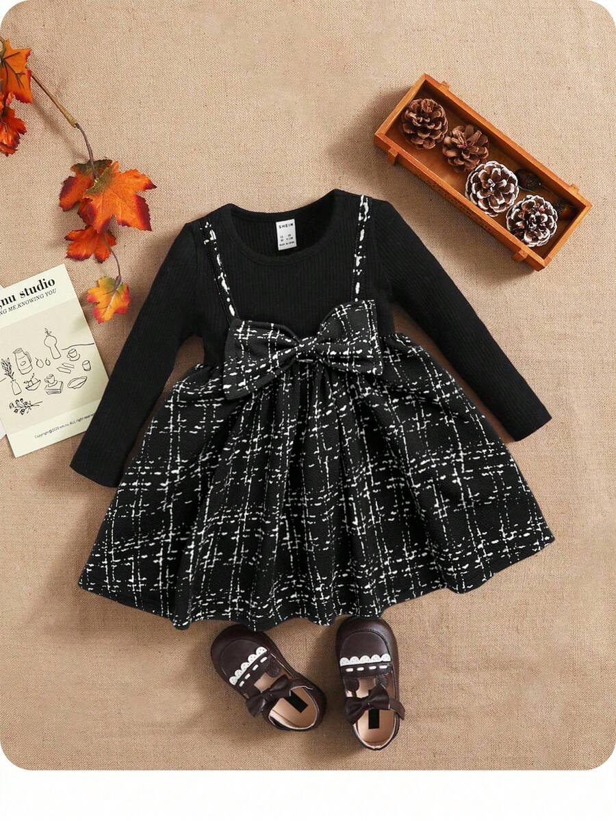 SHEIN Robe bébé fille 2 en 1 avec décoration de nœud, confortable et mignonne, convient pour l'automne