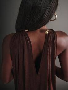 Hauture Night Out Sexy Party Soft Shine Front Drape Side Cut Out Metal Neck Trim Elegant Brown Dress - Brown - View 4