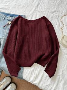 SHEIN Serisse Kids 少女纯色不对称领口长袖毛衣，适合秋冬季节和返校季穿着 - 酒紅色 - 查看 9