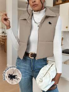 SHEIN Frenchy New Autumn Women's Winter Casual Warm Zip-Up Stand Collar Padded Sleeveless Padded Coat With Small Logo Embroidery, Autumn/Winter,Commuting Style, Suitable For Party, Halloween, Christmas, Holiday Events Jackets - Apricot - View 6