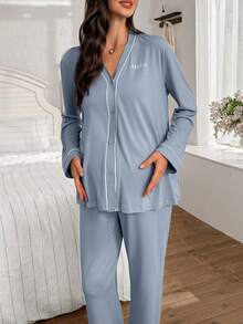 Moonlight&Mama Maternity Contrast Trim V-Neck Letter Embroidery Long Sleeve Top & Pants Lounge Set Sleepwear Pajama Set Sleepwear Women 2 Pieces Set, Fall & Winter - Blue - View 3