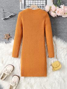 Girls Knitted Slim Fit Sweater Dress, Orange, Autumn, Casual, School, Back-To-School, Long Sleeve Ribbed Knit Dresses For Tween Girl Party & Outing Fall Clothes - Orange - View 3