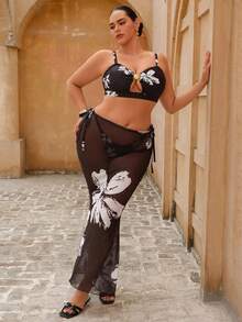 Swim Oasis Plus Size Women 3-Piece Printed Shell Decor Backless Bikini And Mesh Maxi Dress Swimwear Set, Summer Vacation - Multicolor - View 6