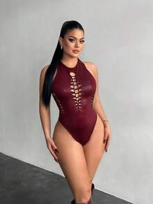 SHEIN SXY Bộ đồ liền thân khoét sâu gợi cảm dành cho nữ, màu đỏ tía, phong cách câu lạc bộ - Màu Đỏ Sâu - Xem 4