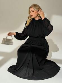 Auralis Plus-Size Women's/Fashionable Elegant Loose Comfortable, Everyday Sheer Chiffon Long-Sleeved Fitted Waist Dress Elegant Dress,Church Dress Outfits Spring - Black - View 4