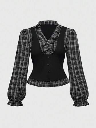 Gothic Style Plaid Patchwork 2-Piece Set: Long Sleeve Shirt, Plus Size Women Plaid 2 In 1 Shirt/Winter