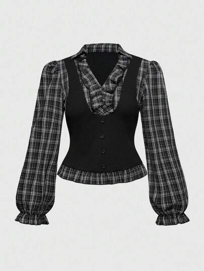 Ensemble 2 pièces style gothique à carreaux : Chemise à manches longues, Chemise 2 en 1 à carreaux grande taille pour femmes