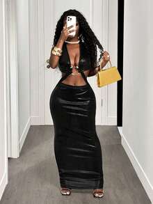 SHEIN BamGlam Women's O-Ring Embellished Backless Dress, Sexy,Rave Outfits Festival, Dresses For Women Deep V-Neck Hanging Neck Backless Dress,Party, Christmas, Hollowed Out, Metal Dress - Black - View 3