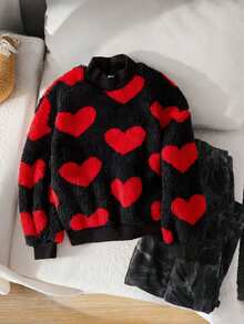 SHEIN Emery Rose Kids 少女心形图案长袖抓绒卫衣，心形印花套头衫，休闲、运动、户外，优雅少女粗针织红黑毛绒卫衣 - 黑色 - 查看 4