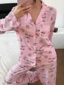 SHEIN 女士两件套睡衣，长袖上衣和长裤，粉色格子印花，饰有兔子和纸杯蛋糕图案，可爱休闲家居服，秋冬服装 - 彩色 - 查看 4