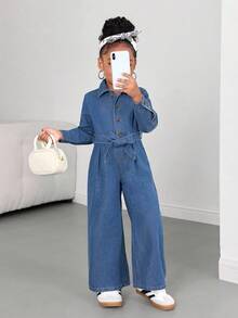 SHEIN 少女蓝色牛仔连体裤 - 中等水洗藍 - 查看 1