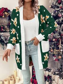 LanaWest Cárdigan con bolsillos duales y ribete de contraste con estampado de oso para ropa de Año Nuevo - Verde - Ver 3