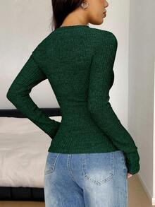 Zavorell Women's Casual Knitted V-Neck Lace Patchwork Button Decorated Long-Sleeved Autumn And Winter Top - Dark Green - View 2