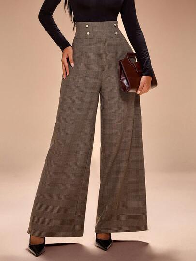 Radiana Women's Fashionable Elegant Vintage Brown Houndstooth High-Waisted Suit Pants, Retro Plaid Trousers, Casual Wide-Leg Pants, Versatile Bottoms Suitable For Daily Wear, Commuting, Office, Gatherings,Spring To Summer,