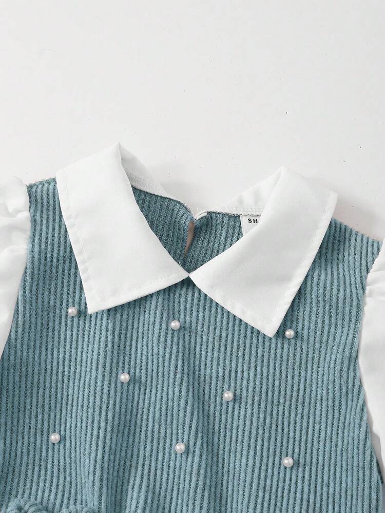 Conjunto informal de camisa para niñas, diseño de lazo en caqui, tela de punto acanalada con cuentas, blusa de manga larga con volantes en el bajo, combinada con pantalones acampanados de color caqui con perlas, conjunto de 2 piezas, adecuado para volver al colegio, uso casual, moda, dulce, cómodo para viajes al aire libre - Azul - Añade 6
