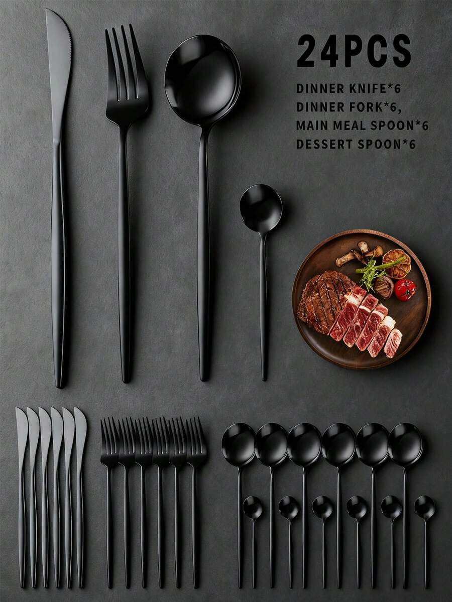 24pcs Stainless Steel Hotel Western Dining Cutlery Set With Knife, Fork, Spoon And Tea Spoon,Kitchen,Christmas Gift