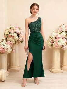 Pitira Elegant Glamorous Olive Green Sequin Spaghetti Strap Dress, Suitable For Weddings, Parties, Vacations, Galas, Formal Events - Dark Green - View 7