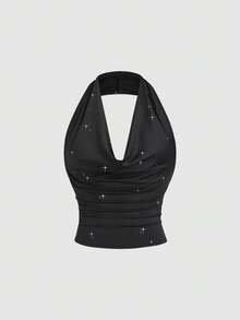 Sweetra 性感美式朋克风无袖露脐上衣，垂褶领口，露肩设计，闪亮亮片装饰，修身剪裁，适合初秋穿着，女士款 - 黑色 - 查看 6
