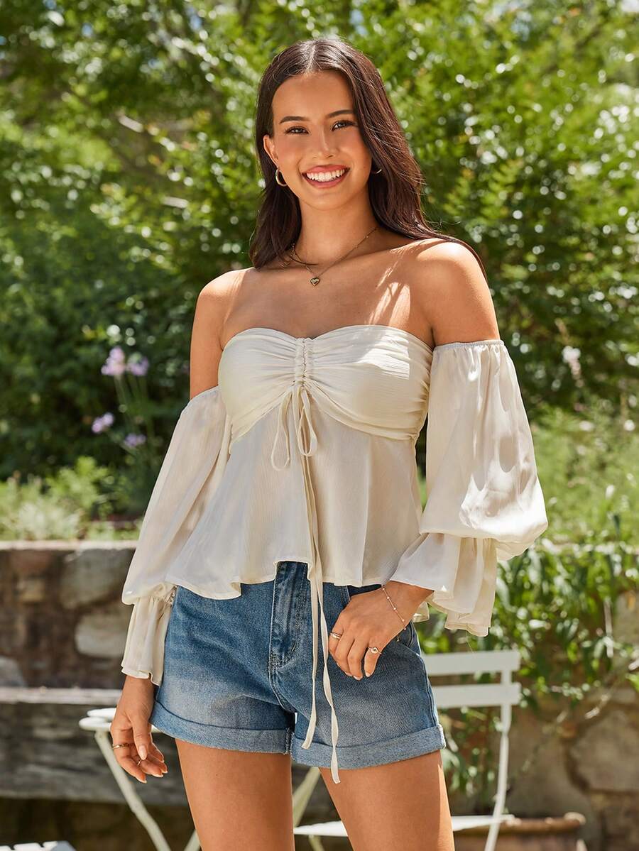 KARISMINA Off Shoulder Flounce Sleeve Ruched Knot Peplum Top - Beige - View 1