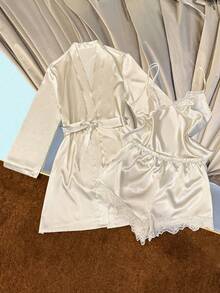 SilkySpell 3件套女士刺绣蕾丝V领吊带背心+短裤+睡袍性感缎面睡衣套装新娘睡袍套装，秋冬服装 - 米色 - 查看 1