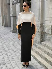 Siren Gaze Women's Dress Modest Fashion New Linen Long Dress For Women, Split Pleated Waist A-Line Dress, Elegant Long Dress, Sun Dresses For Women Holiday Wear, Imitation Linen Flowing Long Dress, Women's Elegant Commuter Colorblock Dress Black - Black - View 7