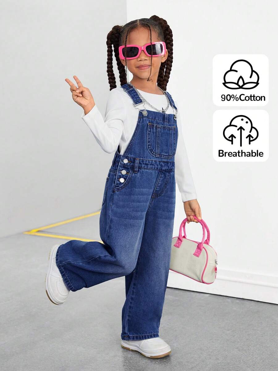 SHEIN 女童蓝色无袖休闲舒适透气宽松牛仔背带裤 - 深色水洗藍 - 查看 1