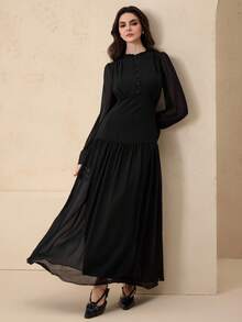 Graceveil Women's Elegant Chiffon Round Neck Decorative Button Dress, Black, Autumn/Winter - Black - View 4