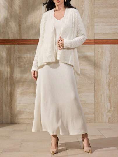 Modelyn 2pcs/Set Women's Elegant Fuzzy Jacket And Bodycon Maxi Dress, Autumn/Winter