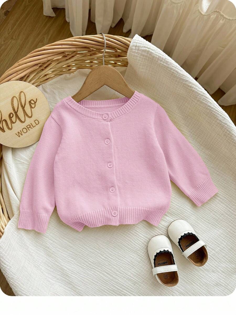 SHEIN Baby Girls' Solid Color Casual Minimalist Button-Front Cardigan - Pink - View 1