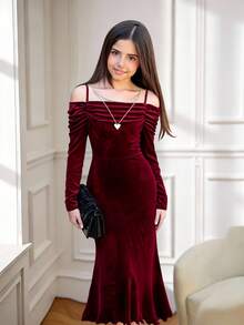 Girlism 青少年女孩优雅纯色酒红色露肩荷叶边袖修身美人鱼长裙，圣诞节 - 酒紅色 - 查看 6