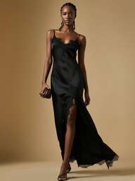 Briarwyn Abito da donna con spalle scoperte, spalline a spaghetti, in pizzo nero con inserti, orlo con spacco alto