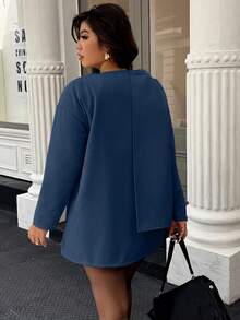 Easura Mantel Wol Wanita Ukuran Besar Warna Polos Lengan Panjang Model Syal, Musim Gugur/Dingin - Navy Blue - View 2