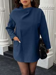Easura Mantel Wol Wanita Ukuran Besar Warna Polos Lengan Panjang Model Syal, Musim Gugur/Dingin - Navy Blue - View 5