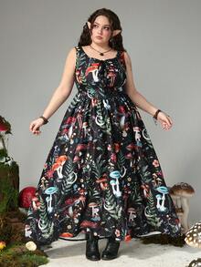 ROMWE Fairycore Váy họa tiết cây dương xỉ rừng nấm cỡ lớn, hở lưng, buộc dây, phong cách cung điện cổ điển thu đông dài họa tiết nấm dành cho nữ - Nhiều màu - Xem 3