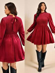 Elaquor Plus Size Women's Elegant Christmas Solid Velvet Ruffle Collar Lantern Sleeve Shirred Bodice Red Dress, Autumn Party Red, New Year Dress For Women - Red - View 1