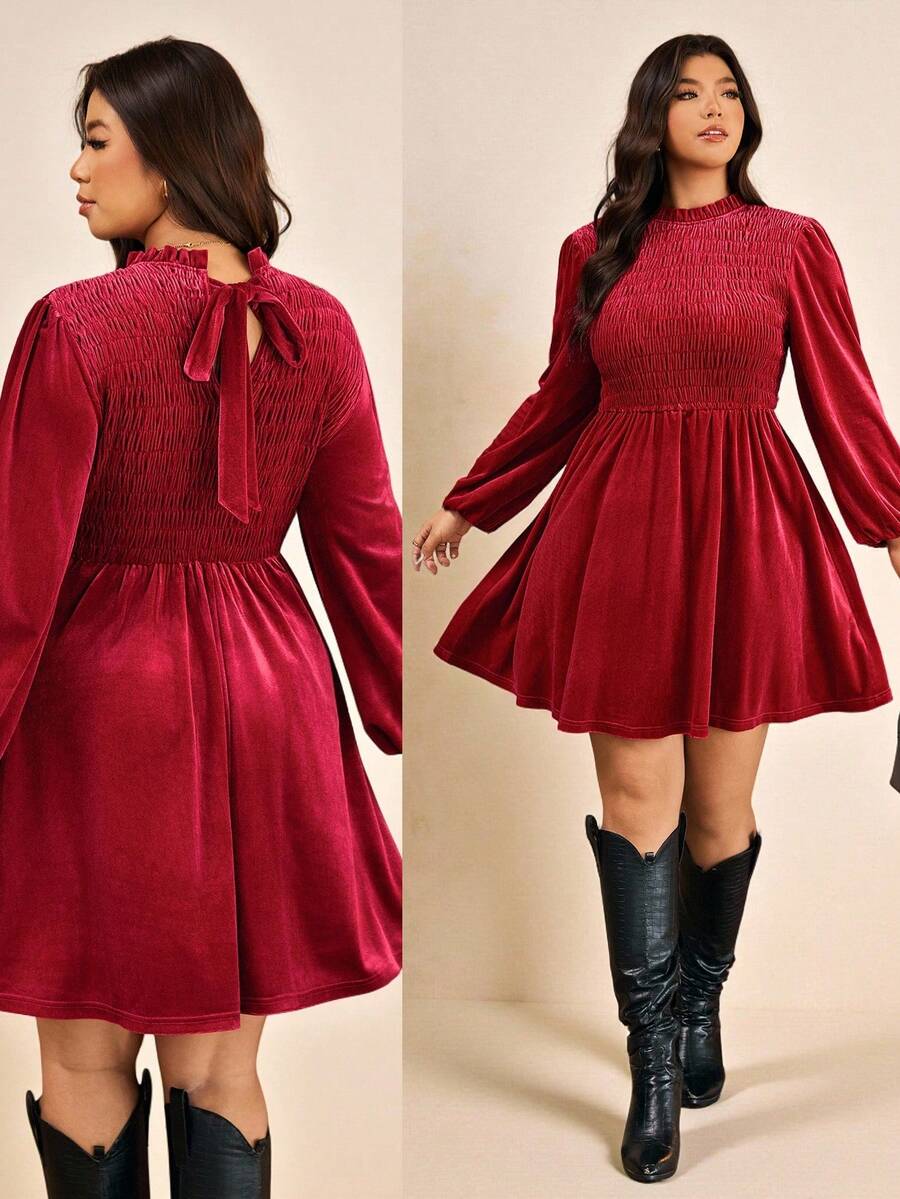 Elaquor Plus Size Women's Elegant Christmas Solid Velvet Ruffle Collar Lantern Sleeve Shirred Bodice Red Dress, Autumn Party Red, New Year Dress For Women - Red - View 1