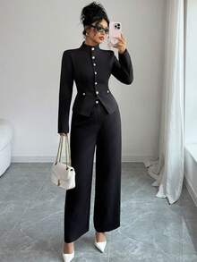 SHEIN PETITE Bộ áo và quần cổ lọ cho nữ - màu đen - Xem 5