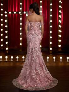 Glamrae Elegant Luxurious Embroidered Lace Sequin Beaded Off Shoulder Pearl Chain Sexy Mermaid Tail Dress With Train, Suitable For Weddings, Events, Bachelorette Parties, Vacations, Galas, Graduations, Formal Occasions (Heavy-Duty), Valentine's Day - Dusty Pink - View 4