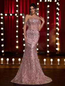 Glamrae Elegant Luxurious Embroidered Lace Sequin Beaded Off Shoulder Pearl Chain Sexy Mermaid Tail Dress With Train, Suitable For Weddings, Events, Bachelorette Parties, Vacations, Galas, Graduations, Formal Occasions (Heavy-Duty), Valentine's Day - Dusty Pink - View 5