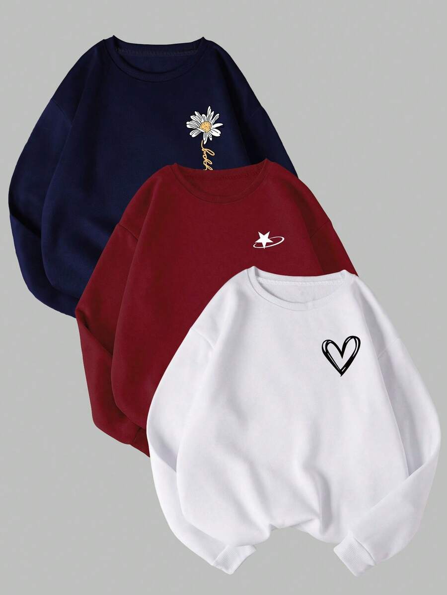 INAWLY 3件套秋冬舒适户外上衣，高端设计，适合户外、运动、平面设计、购物、旅行、度假等场合，女士卫衣，星空、雏菊、爱心印花图案，3种颜色组合，可混搭 - 彩色 - 查看 1