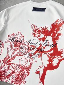 Manfinity Roghcode Sweat-shirt-shirt col rond blanc à manches courtes, doublé thermique, style de rue populaire pour hommes en grande taille, avec éléments floraux d'ange, style rétro graffiti, pour festival de musique en plein air, boîte de nuit. Cadeau pour petit ami, mari, anniversaire - Multicolore - Voir 3