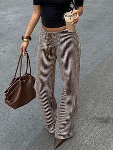 SHEIN Unity Women's Brown Striped Straight Leg Low Waist Casual Pants, Versatile For Daily Wear, Autumn/Winter - Multicolor - View 3
