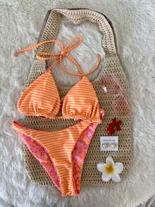 Swim Mod 2pcs/Set Women Cute Random Floral Print Reversible Halter Top And Adorable Bottoms Bikini Swimsuit Set, Holiday & Beach For Summer Beach Vacation - Multicolor - View 4